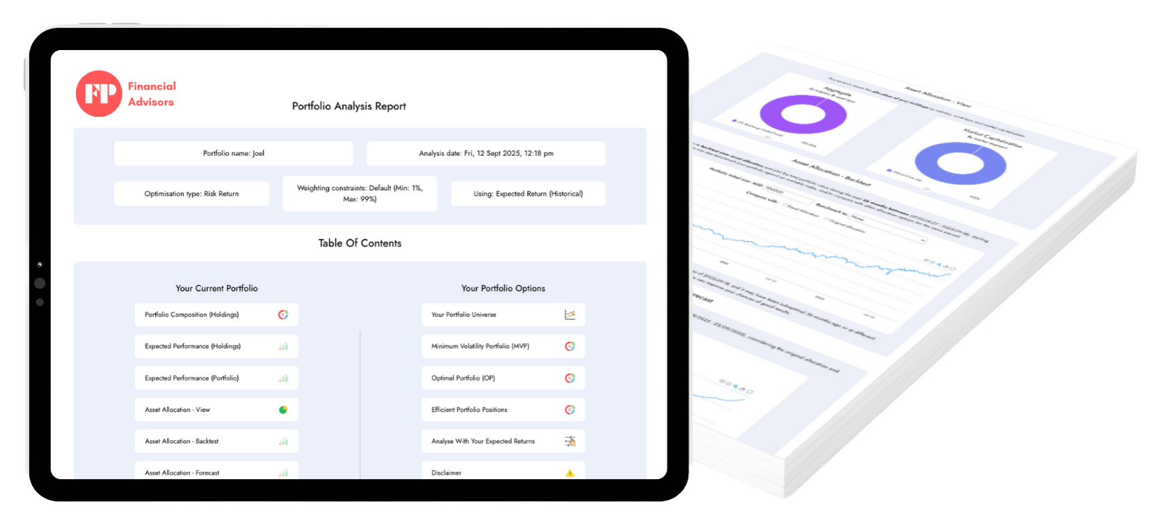 Report preview with firm logo, custom colours, and branded footers displaying portfolio performance, allocations, and rebalancing insights.